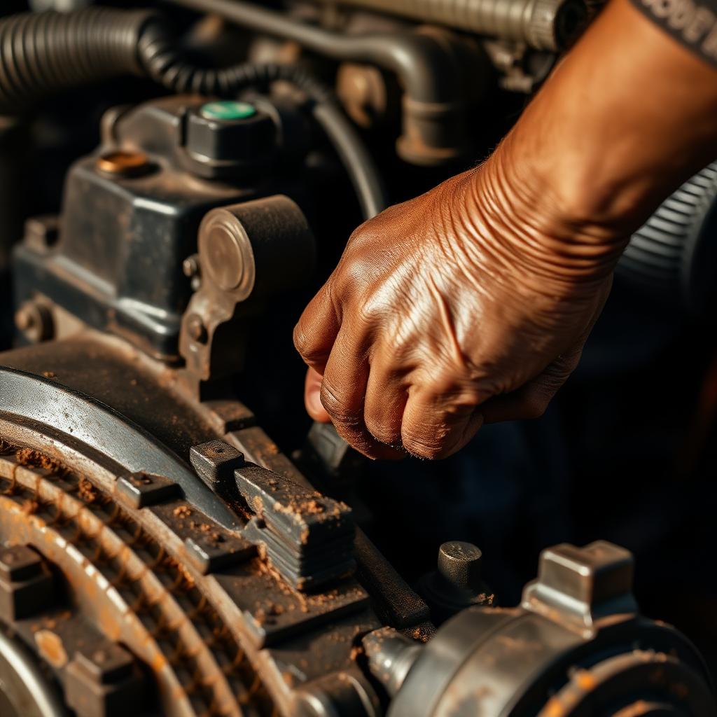 Mechanic working on engine components