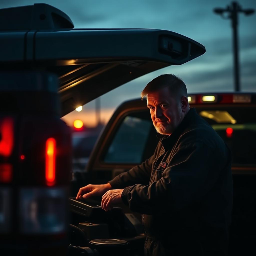 Experienced mechanic working on a vehicle at dusk